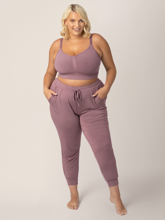 Model wearing the Sublime® Bamboo Hands-Free Pumping Lounge & Sleep Bra in Twilight  @model_info:Lauren is wearing an X-Large Busty.