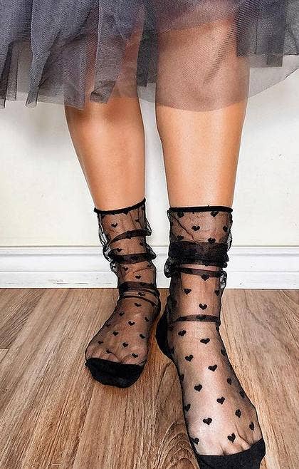 Sheer Heart Tulle Clear Crew Socks Black