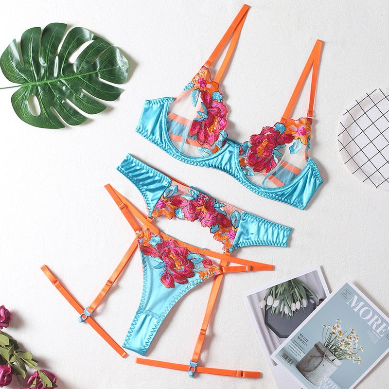 3-piece Color Lace Bra Set