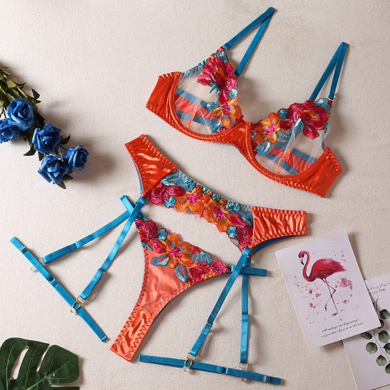 3-piece Color Lace Bra Set