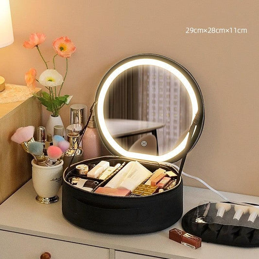Round Smart LED Makeup Bag With Mirror Lights Women Beauty Bag Large Capacity PU Leather Travel Organizers Cosmetic Case - amazitshop