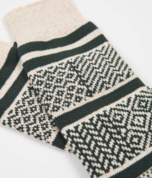 RoToTo Jacquard Crew Socks - Ivory / Dark Green