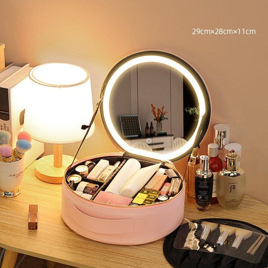 Round Smart LED Makeup Bag With Mirror Lights Women Beauty Bag Large Capacity PU Leather Travel Organizers Cosmetic Case - amazitshop
