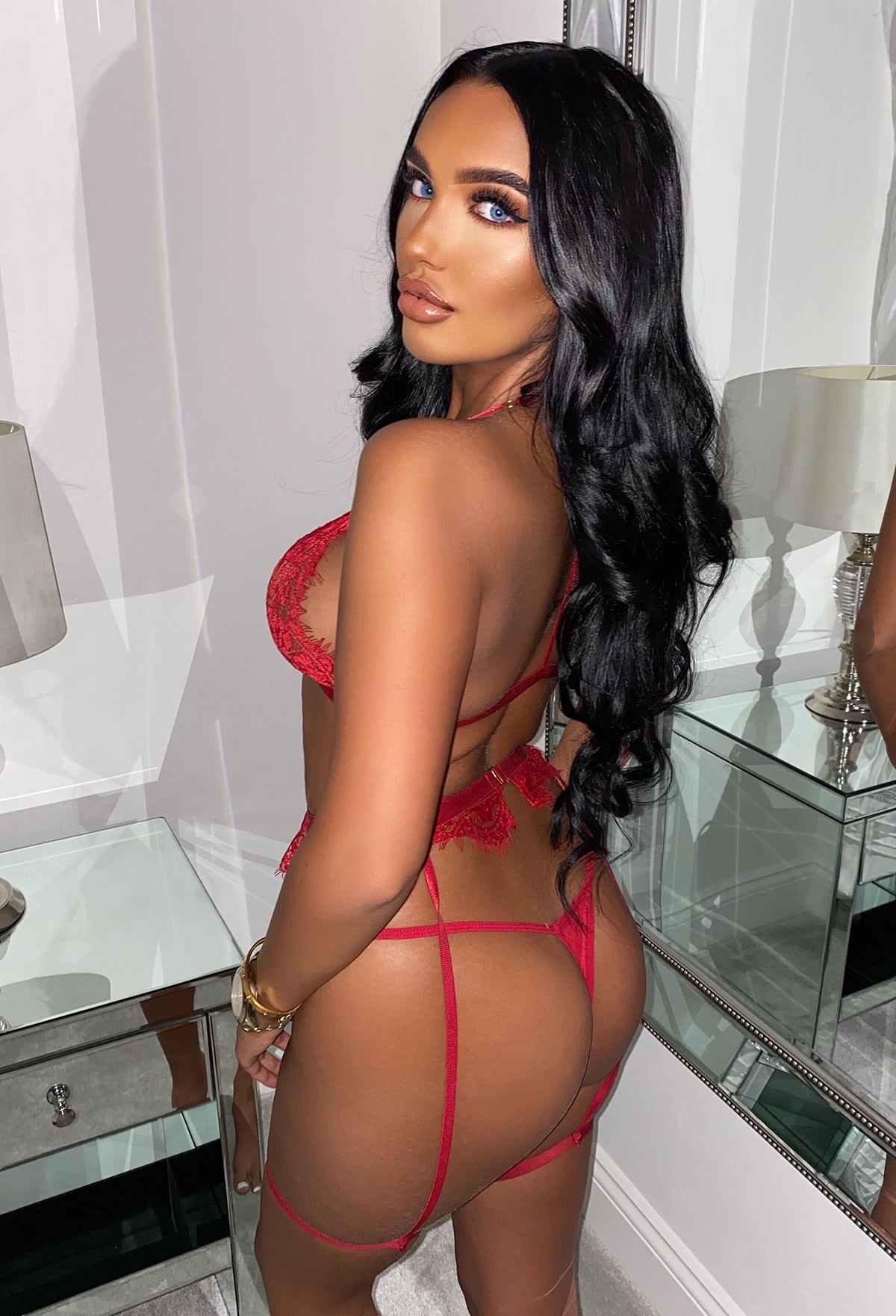 Red Rose Red Lace Bralet And Thong 3 Piece Lingerie Set