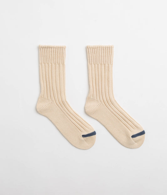 RoToTo Chunky Ribbed Crew Socks - Raw Beige / Dark Blue