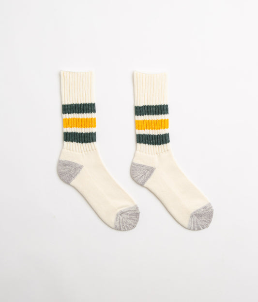 RoToTo Coarse Ribbed Crew Socks - Dark Green / Yellow