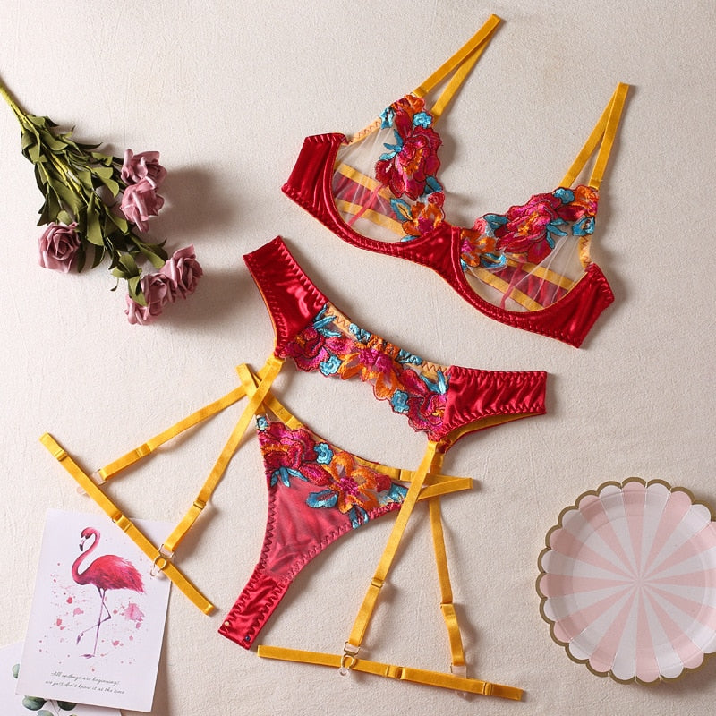 3-piece Color Lace Bra Set