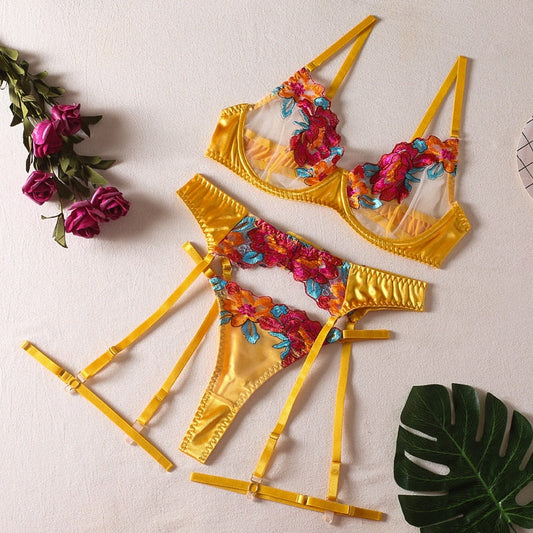 3-piece Color Lace Bra Set