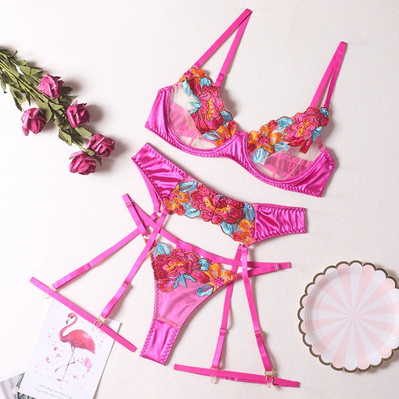 3-piece Color Lace Bra Set