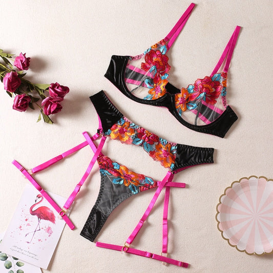 3-piece Color Lace Bra Set