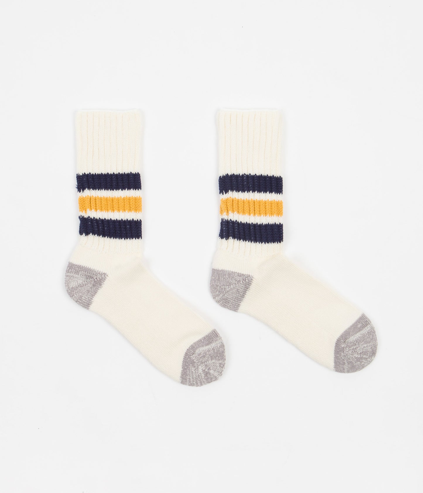 RoToTo Coarse Ribbed Crew Socks - White / Navy / Yellow