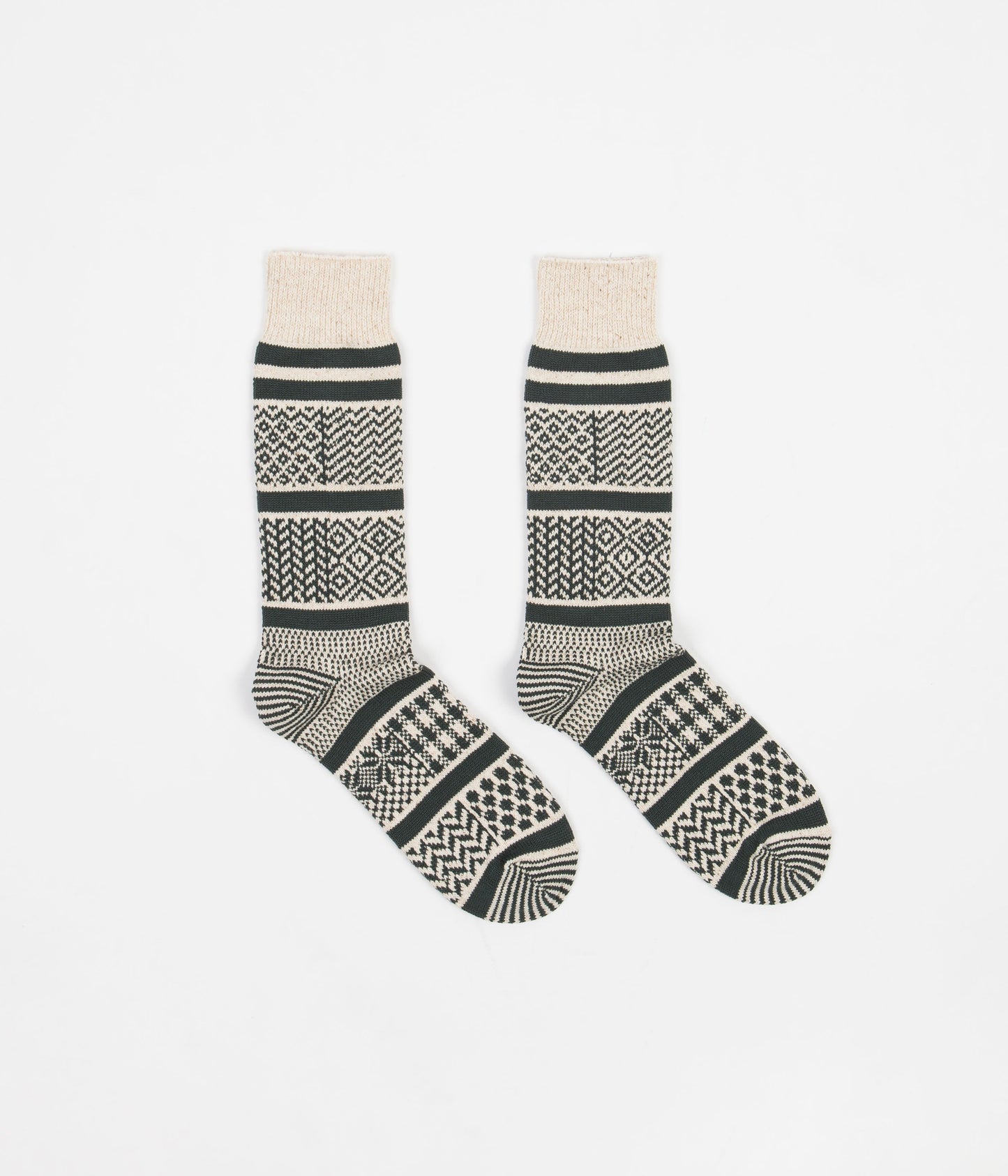 RoToTo Jacquard Crew Socks - Ivory / Dark Green