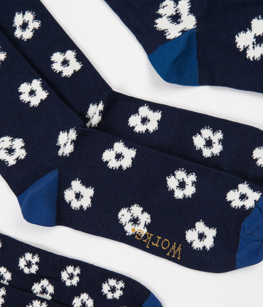 Universal Works Flower 3 Pack Socks - Jacquard Navy